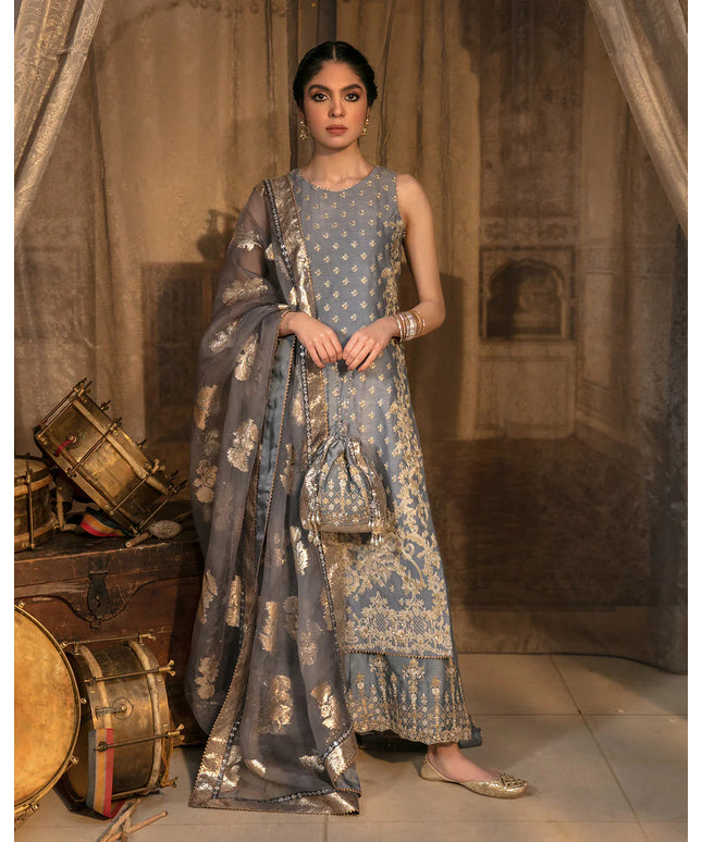 Faiza Saqlain | Pale Blue Embroidered Korean Raw Silk Suit
