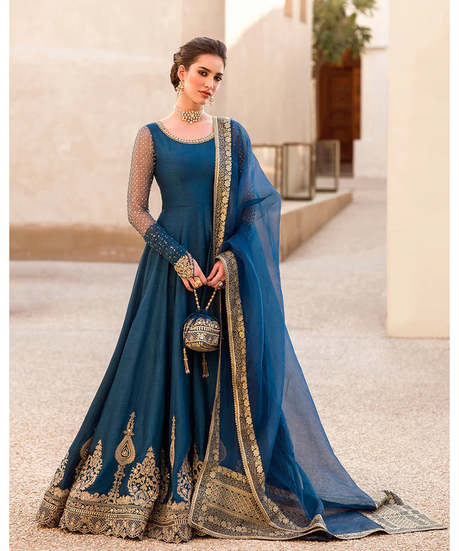 Faiza Saqlain | Blue Embroidered Korean Raw Silk Pishwas