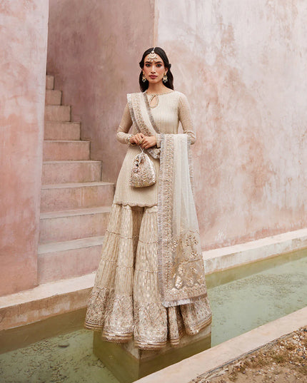Faiza Saqlain | Off White Embroidered & Embellished Karandi Gharara