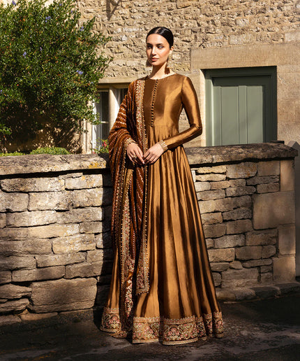 Faiza Saqlain | Copper Brown Silk Embroidered Pishwas