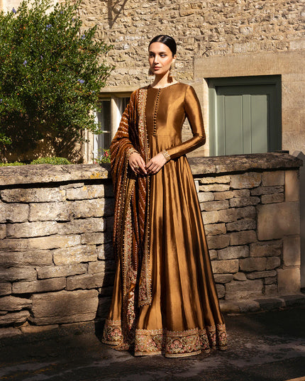 Faiza Saqlain | Copper Brown Silk Embroidered Pishwas