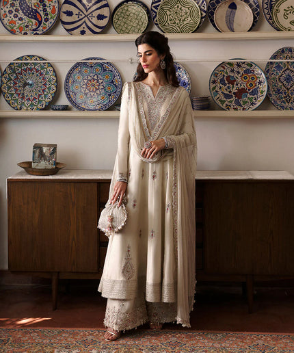 Faiza Saqlain | Ivory Cotton Silk Embroidered Suit