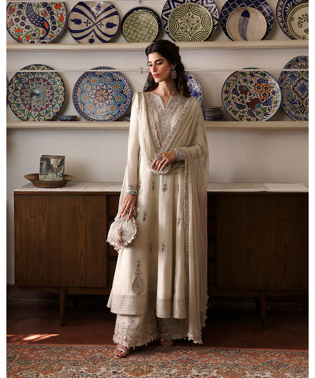 Faiza Saqlain | Ivory Cotton Silk Embroidered Suit