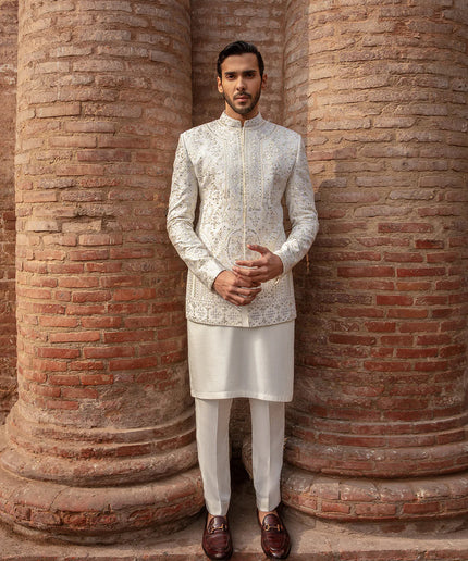 Faiza Saqlain Off White Embroidered Korean Raw Silk Prince Coat Set