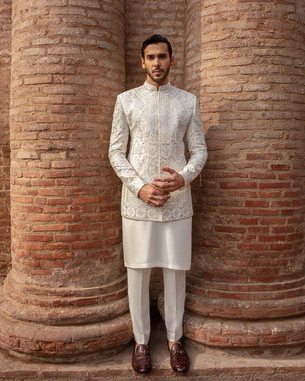 Faiza Saqlain Off White Embroidered Korean Raw Silk Prince Coat Set