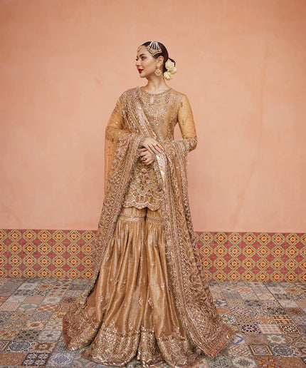 Faiza Saqlain | Golden Brown Embroidered Embellished Gharara