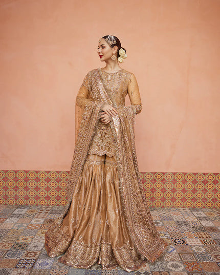 Faiza Saqlain | Golden Brown Embroidered Embellished Gharara