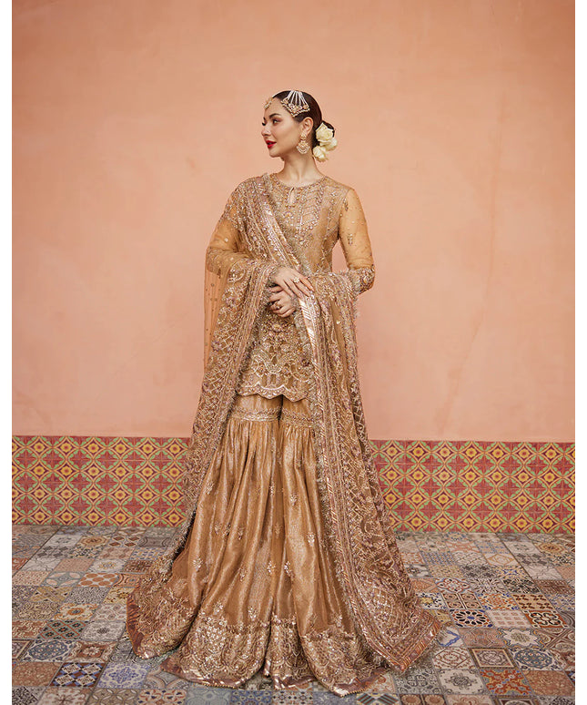 Faiza Saqlain | Golden Brown Embroidered Embellished Gharara