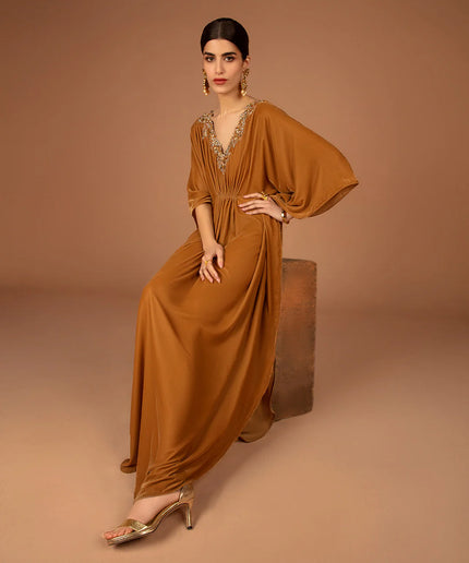 Faiza Saqlain | Mustard Embellished Velvet Kaftan
