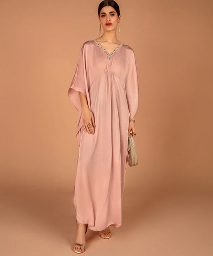 Faiza Saqlain | Rose Pink Embellished Silk Kaftan