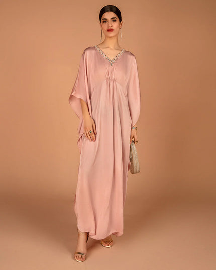 Faiza Saqlain | Rose Pink Embellished Silk Kaftan