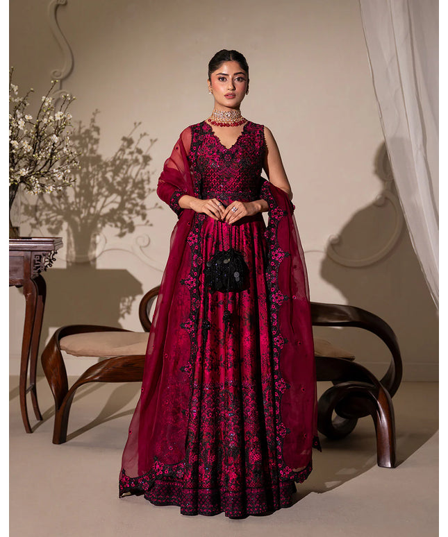 Faiza Saqlain | Magenta Shamose Silk Embroidered Maxi Dress