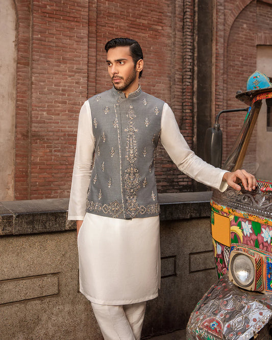 Faiza Saqlain Grey Embellished Korean Raw Silk Set