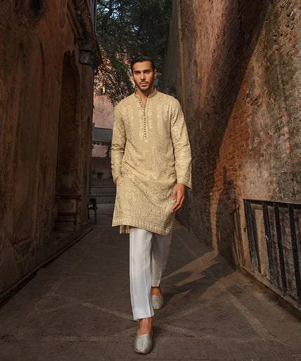 Faiza Saqlain Pastel Yellow Embroidered Karandi Kurta