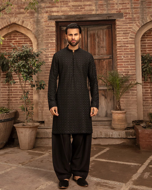 Faiza Saqlain Black Embroidered Korean Raw Silk Kurta Set