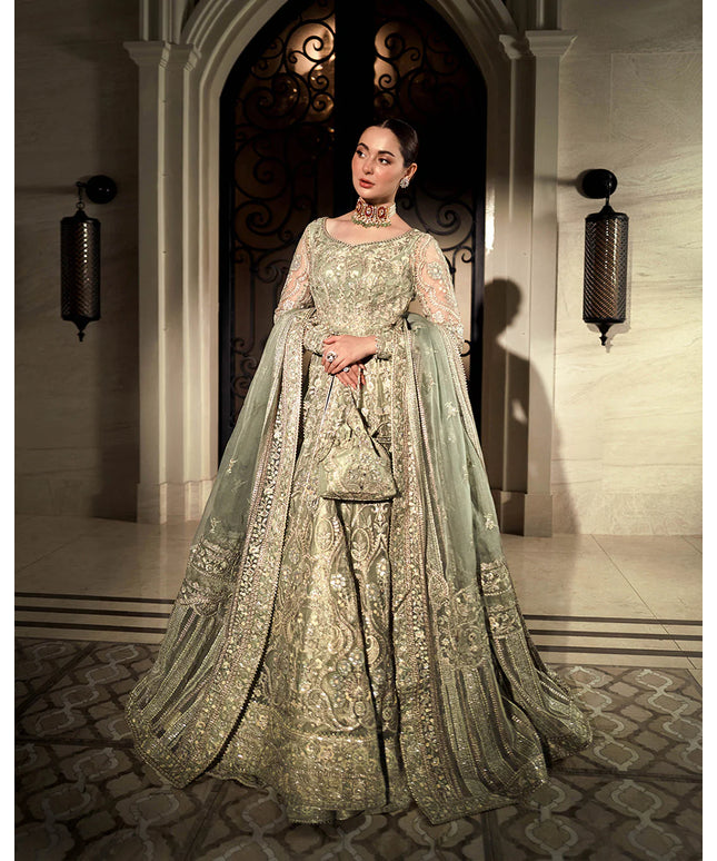 Faiza Saqlain | Mint Green Net Embroidered Maxi Dress