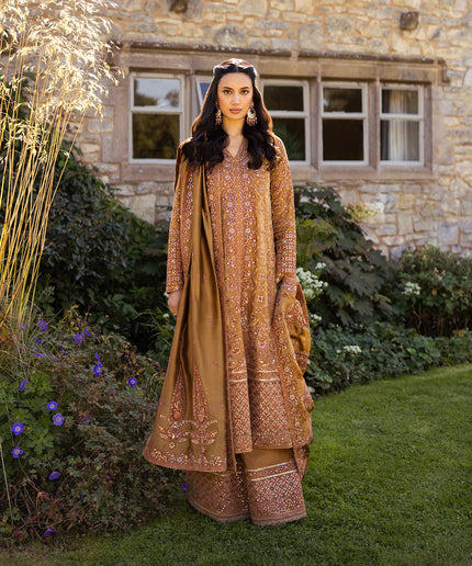 Faiza Saqlain | Mustard Brown Embroidered Velvet Dress