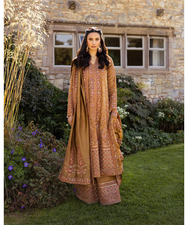 Faiza Saqlain | Mustard Brown Embroidered Velvet Dress