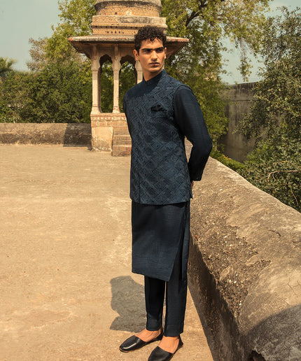 Faiza Saqlain Navy Embroidered Korean Raw Silk Set