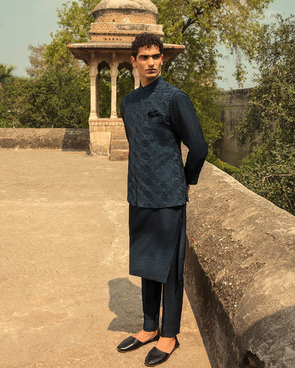 Faiza Saqlain Navy Embroidered Korean Raw Silk Set