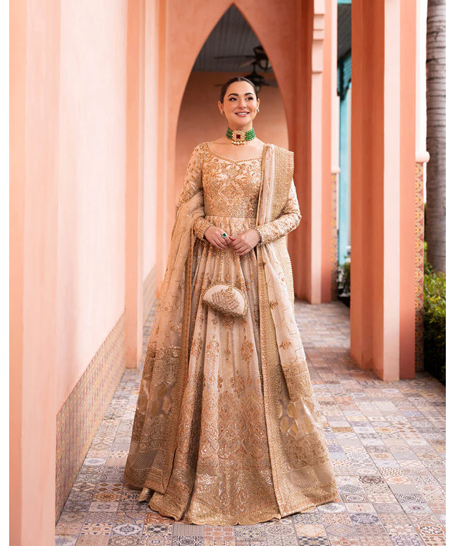 Faiza Saqlain | Beige Net Embroidered Maxi Dress