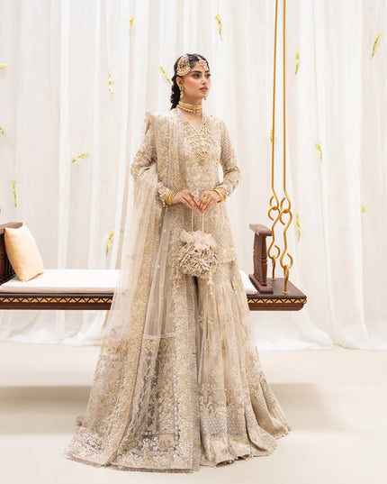 Faiza Saqlain | Ivory Net Embroidered Embellished Gharara