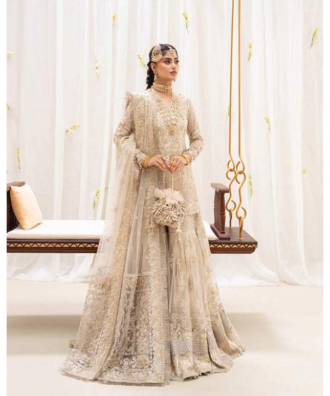 Faiza Saqlain | Ivory Net Embroidered Embellished Gharara