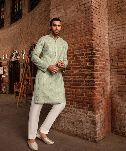 Faiza Saqlain Sage Green Embroidered Karandi Kurta Set