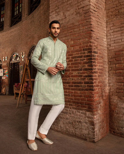 Faiza Saqlain Sage Green Embroidered Karandi Kurta Set