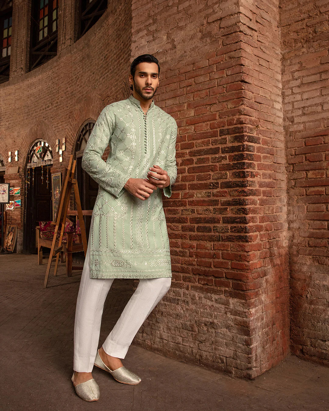 Faiza Saqlain Sage Green Embroidered Karandi Kurta Set