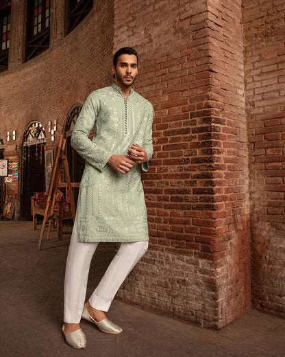 Faiza Saqlain Sage Green Embroidered Karandi Kurta Set