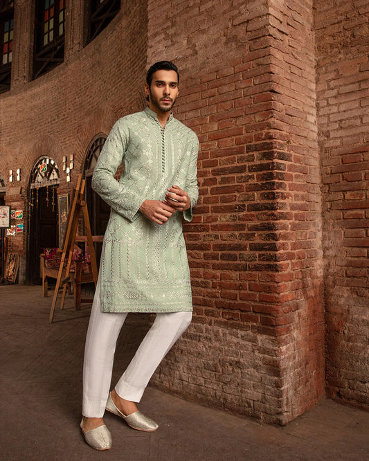 Faiza Saqlain Sage Green Embroidered Karandi Kurta Set