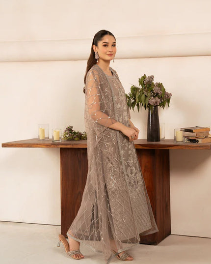 Malhaar | Beige Hand Embroidered Net Kaftan