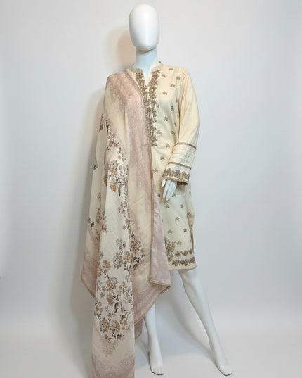 Khaadi Cream & Blush Embroidered Khaddar Shirt with Dupatta