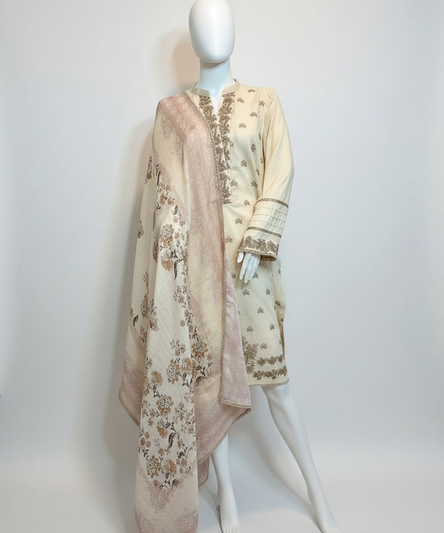 Khaadi Cream & Blush Embroidered Khaddar Shirt with Dupatta