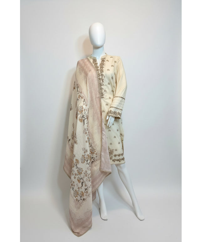 Khaadi Cream & Blush Embroidered Khaddar Shirt with Dupatta
