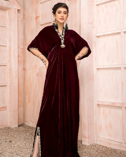 1 Piece | Maroon Velvet Embroidered Kaftan