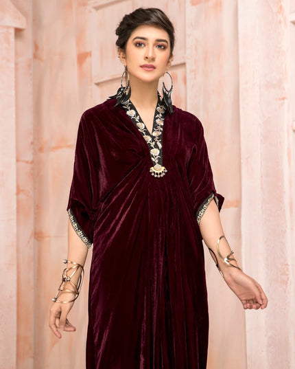 1 Piece | Maroon Velvet Embroidered Kaftan