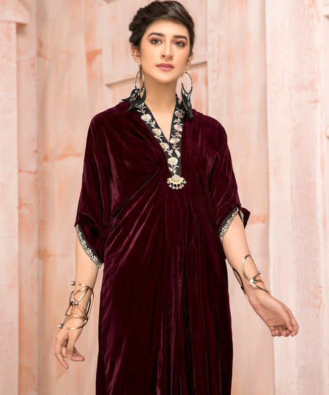 1 Piece | Maroon Velvet Embroidered Kaftan