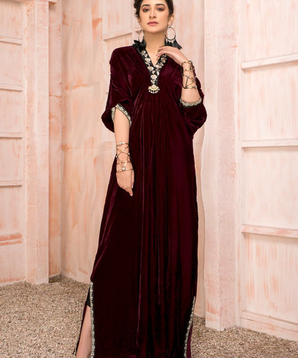 1 Piece | Maroon Velvet Embroidered Kaftan