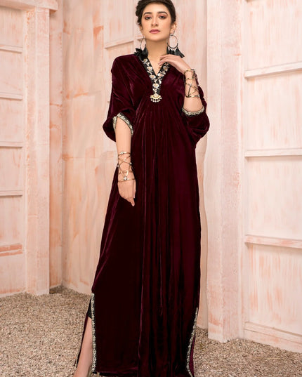 1 Piece | Maroon Velvet Embroidered Kaftan