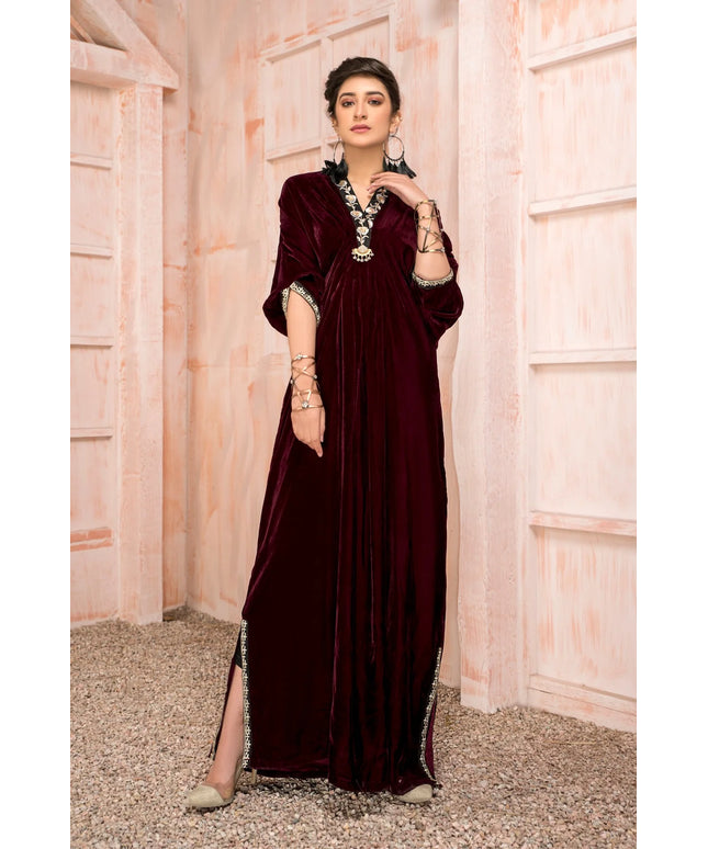 1 Piece | Maroon Velvet Embroidered Kaftan
