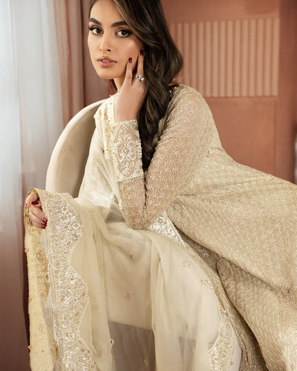 Iznik | Off White Chiffon Embroidered Pishwas