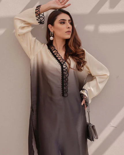 Delaila | Beige and Charcoal Black Ombre Silk Co Ord Set