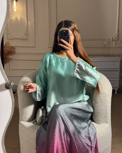 Ombre | Ombre Shimmer Mint Green, Silver & Maroon Kaftan