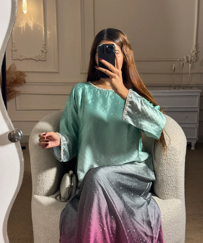 Ombre | Ombre Shimmer Mint Green, Silver & Maroon Kaftan