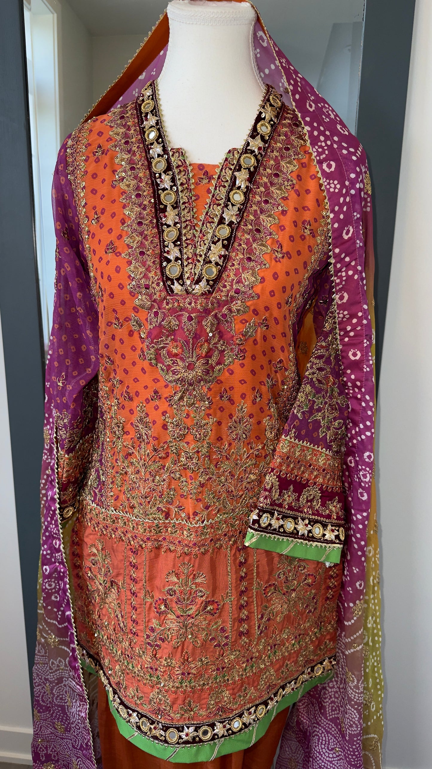 Baroque | Orange Digital Chiffon Embroidered Suit