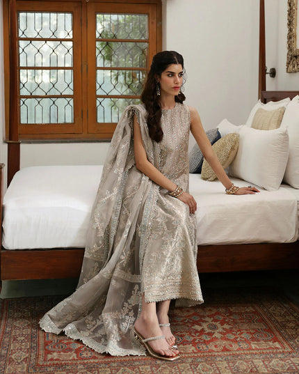 Faiza Saqlain | Light Stone Gray Embroidered Tissue Suit