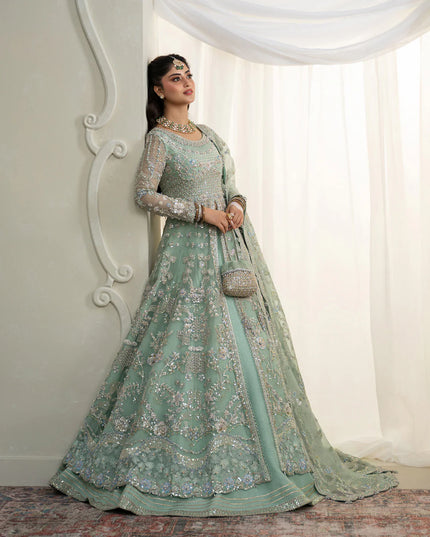 Faiza Saqlain | Mint Green Organza Embroidered Embellished Maxi Gown