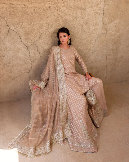 Faiza Saqlain | Rose Gold Embroidered Karandi Sharara